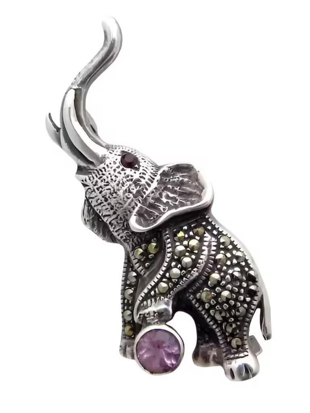 Vintage Sterling Silver Jeweled Marcasite Good Luck Elephant Brooch Pin